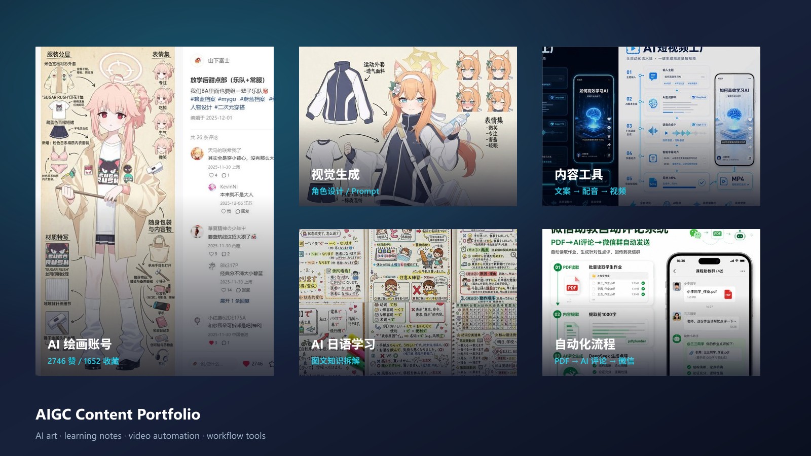 AIGC 内容作品展示,包含 AI 绘画账号、AI 日语学习、内容工具和自动化流程